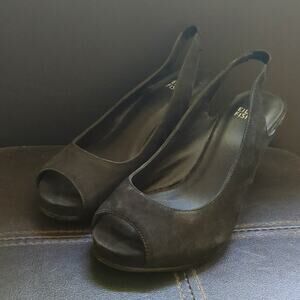 Eileen Fisher Black Suede Leather Slingback Wedge Summer Event Comfy Sandals